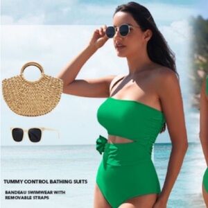 ~One Piece Swimsuit Ruched Tummy Control 3D Floral Bathing Suit Bandeau~